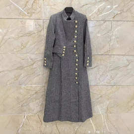 立领单排扣收腰大摆口袋格子中长款风衣大衣设计感外套2024秋季新