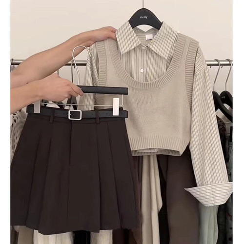 Spring and Autumn Gentle Style Women's Korean Version Youthful Blouse Matching Vest High-Waist Short Skirt Three-Piece Set