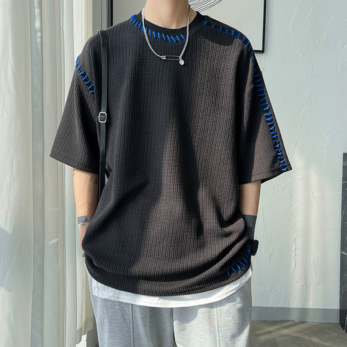 Factory goods directly supplied irregular short-sleeved men's design niche fashion brand personality loose T-shirt ins men's T-shirt front shoulder