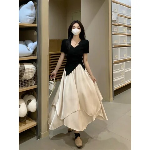 Summer 2024 new style pure desire V-neck irregular short-sleeved T-shirt + satin half-length dress two-piece set for female students
