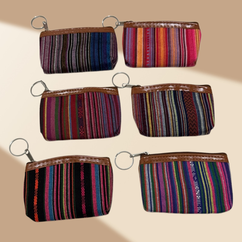 New Ethnic Style Coin Purse, Coin Key Bag, Colorful Striped Ring Canvas Zipper Small Wallet, Small Square Bag for Women
