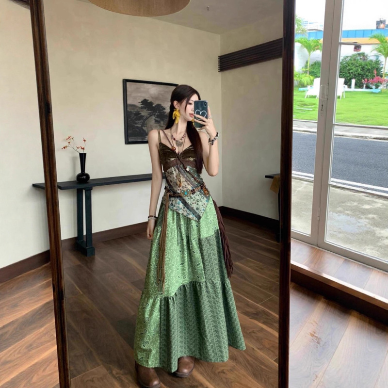 森系度假风喇叭袖蕾丝开衫吊带拼色半身裙女2025秋季新款时尚套装|undefined