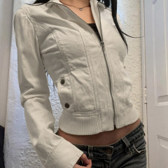 美式工装风分割设计口袋翻领拉链夹克辣妹街头个性修身百搭外套