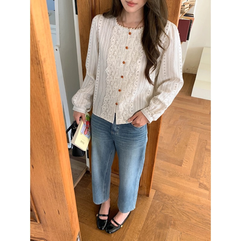 3th Morning Autumn New Style Elegant French Style Lace Patchwork Striped Shirt ZY4365 3th Morning Autumn New Style Elegant French Style Lace Patchwork Striped Shirt ZY4365
