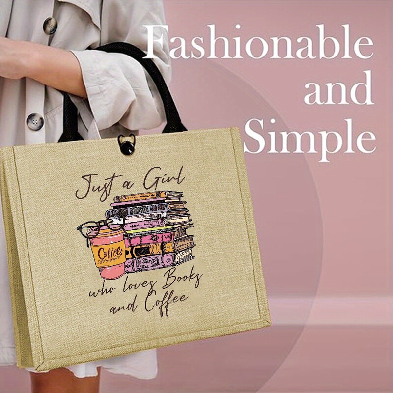 Cute Reusable Tote Bags with Coffee and Book Designs Printed on Them, Straw Woven Shopping Bags