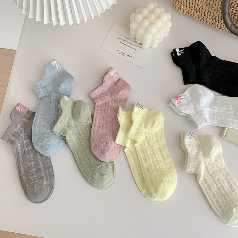 蝴蝶結襪子女夏季薄款網眼短襪miu系後跟刺繡甜美短筒襪子女潮襪