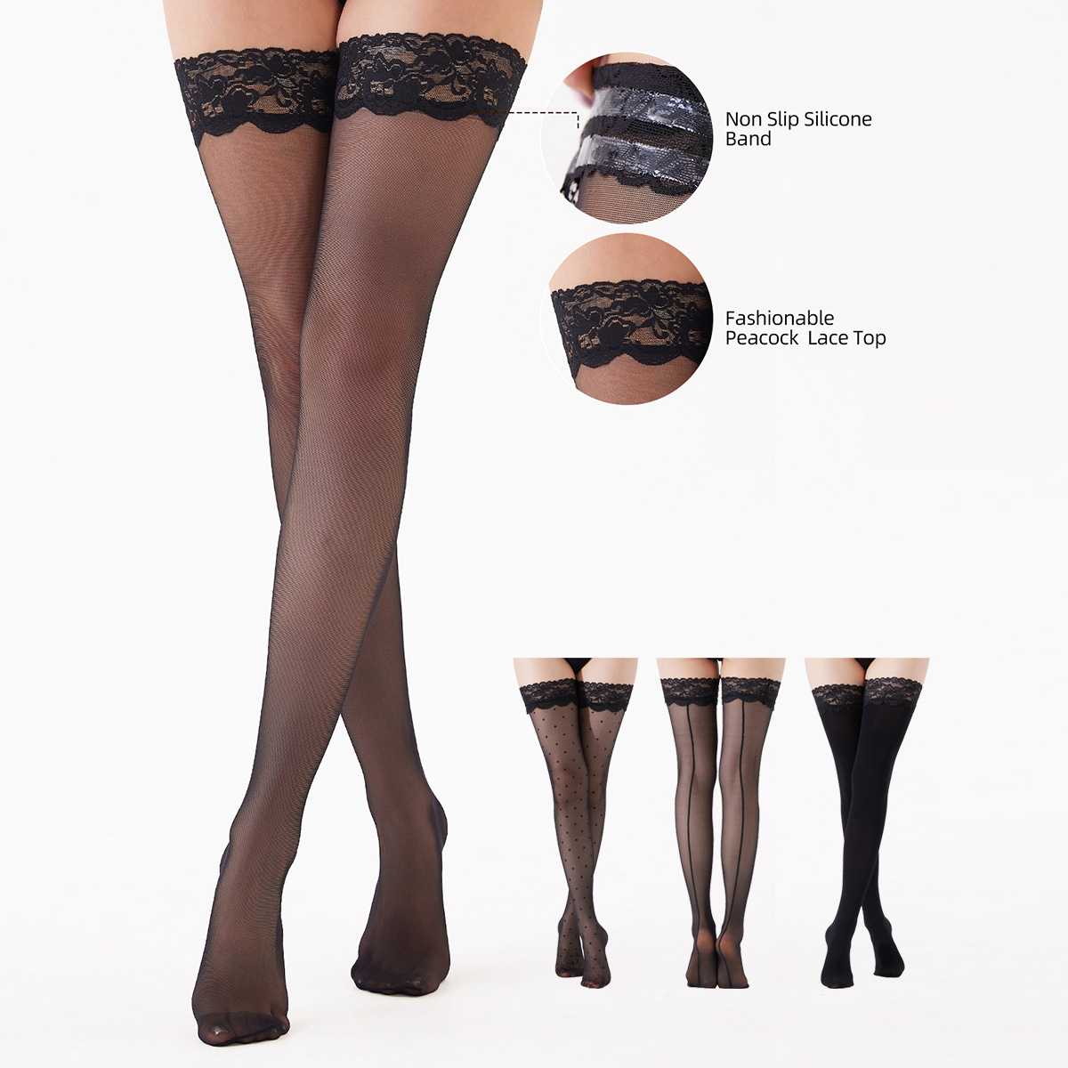 Foreign Trade Sexy Stockings for Women, Lace Thigh Lace Stockings, Sexy Back Vertical Line Stockings, Silicone Non-Slip Stockings