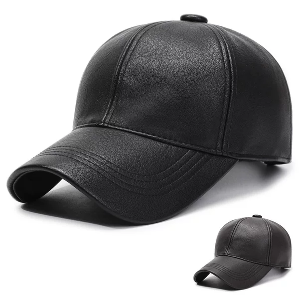 New Men's Leather Hat Autumn and Winter Pu Leather Pure Color Peaked Cap Fleece-Lined Warm Leather Baseball Hat for Middle-Aged and Elderly People Winter