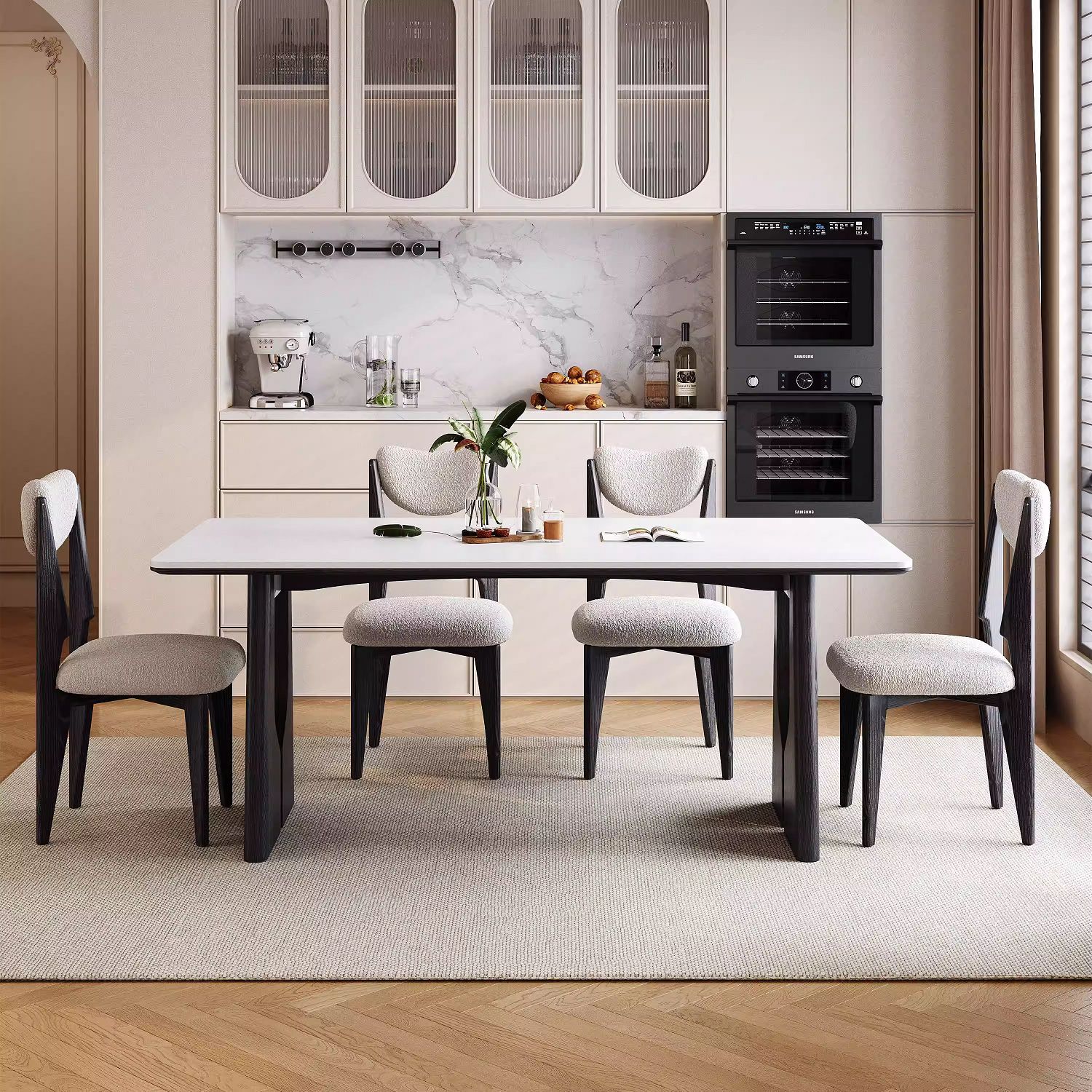 Mesa de comedor de tablero de roca blanca pura estilo medieval estilo crema estilo francés casa pequeña mesa de comedor de madera sólida combinación de mesa de comedor retro y silla