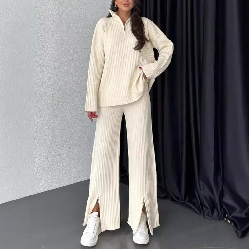 2025 European and American Cross-Border Autumn and Winter New Women's Solid Color Zipper Knit Suit High-Neck Ribbed Loungewear Two-Piece Set 2025 European and American Cross-Border Autumn and Winter New Women's Solid Color Zipper Knit Suit High-Neck Ribbed Loungewear Two-Piece Set