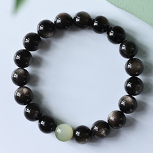 保真黑曜石银曜石手链女和田玉佛珠手串男本命年情侣手饰品