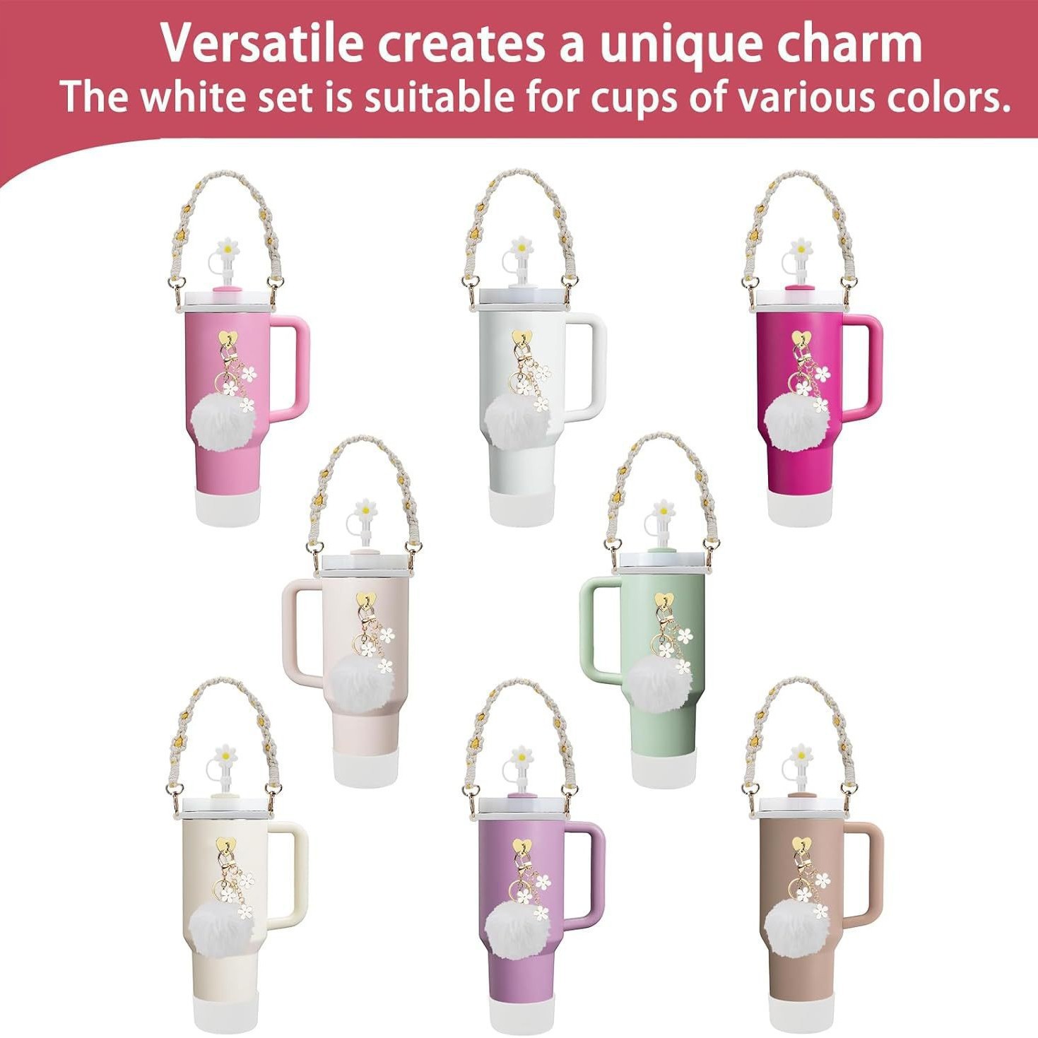 7pcs taza Stanley cuerda de mano colgante de silicona flor tapa de pajita bola de felpa colgante de copa cadena de taza de color