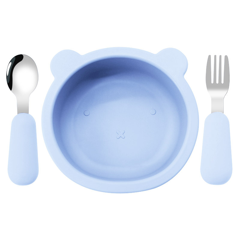 Oso para niños Tazón tenedor de silicona cuchara alimentos complementarios vajilla de alimentación resistente a las caídas suministros maternos e infantiles tazón de silicona dibujos animados oso Tazón