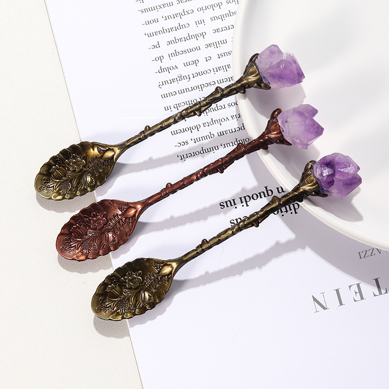 Natural Amethyst Tooth-Shaped Spoon, Ice Cream Coffee Dessert Copper Spoon, DIY Creative Carved Long-Handled Stirring Spoon