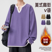 假两件卫衣男青少年慵懒风宽松圆领无帽外套秋季简约百搭纯色上衣