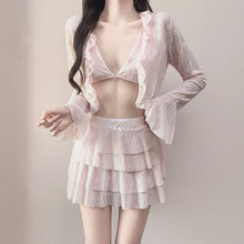 超仙洋气小香风纯欲粉色保守分体长袖比基尼游泳衣三件套遮肉显瘦