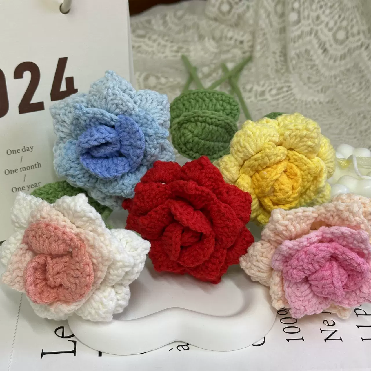 手工编织尖角玫瑰花五股牛奶棉仿真花DIY钩织花束成品仿真花束