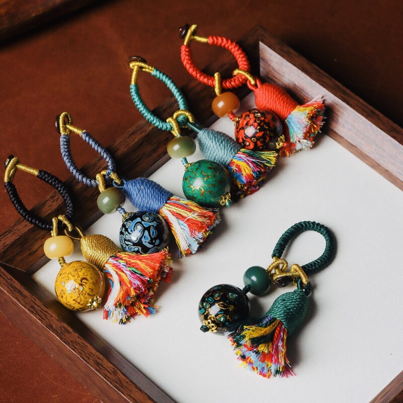 Intangible Cultural Heritage Lacquer Beads DIY Cotton Thread Keychain Mother-Of-Pearl Lacquer Beads New Chinese Style Handmade Woven Bag Pendant Wholesale