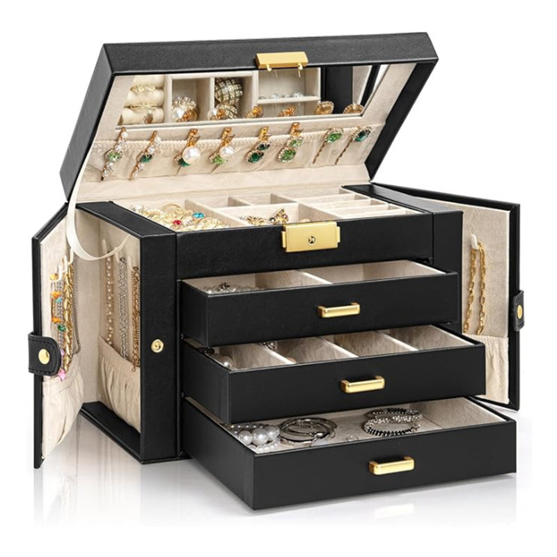Cuatro capas de lujo de gran capacidad con espejo caja de joyería caja de almacenamiento de joyería pendientes tipo cajón collar caja de joyería