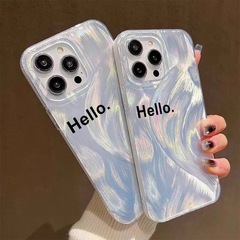 英文HELLO韓風適用iPhone15pro手機殼蘋果14羽紗燙銀13/12/11