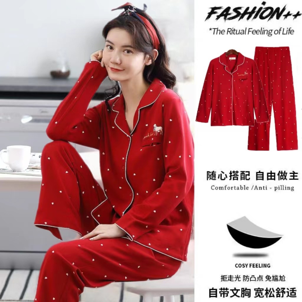 Pijama de algodón con cojín de pecho para damas de mangas largas de dos piezas, primavera y otoño, ropa para el hogar de invierno se puede usar.