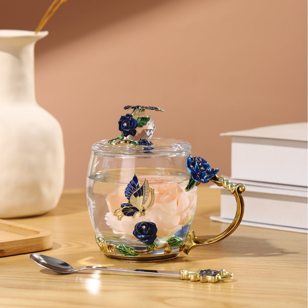 Taza de té con cubierta de flores creativa sala de estar taza de agua de desayuno de lujo taza de leche de esmalte de color taza de café de mujer taza de vidrio casero