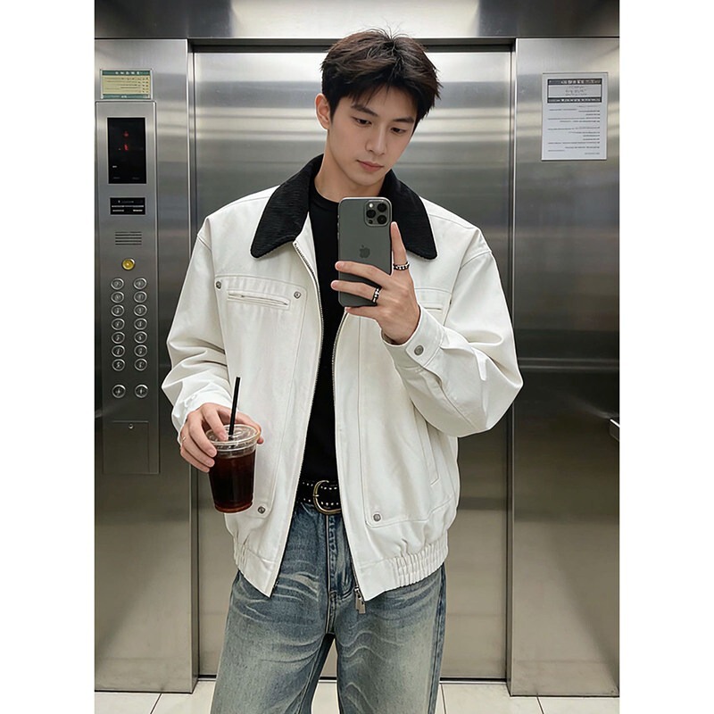 Barn-Style American Double-Zip Work Jacket for Men, Spring and Autumn Harrington Short Jacket with Patchwork Turn-Down Collar Baseball Jacket Barn-Style American Double-Zip Work Jacket for Men, Spring and Autumn Harrington Short Jacket with Patchwork Turn-Down Collar Baseball Jacket