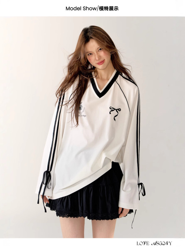 AsGony blokette アメリカンレトロスポーツボウジャージルーズVネック万能白長袖トップス|undefined
