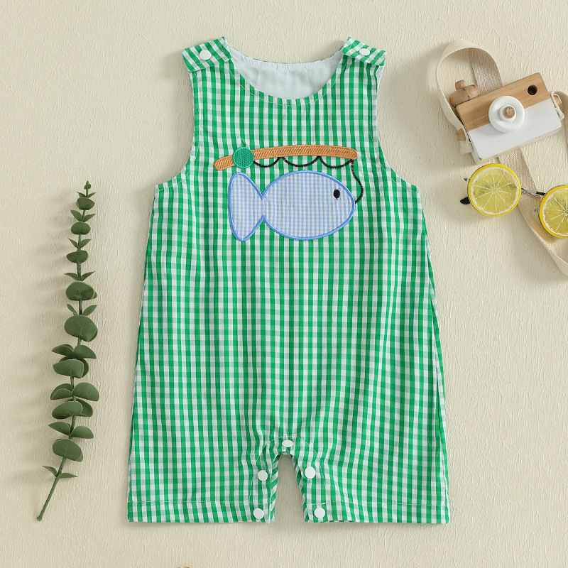 Cross-Border Export Baby Boy Plaid Summer New Fishing Embroidered Suspender Jumpsuit Thin Crawler Suit