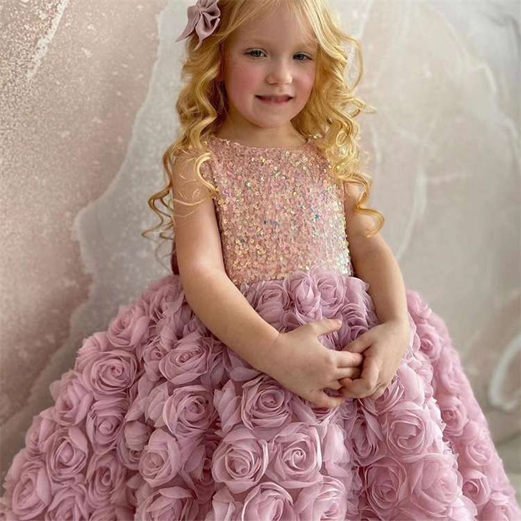 外贸热销粉色奢华珠子亮片蓬松火车儿童女孩生日派对女婴公主裙