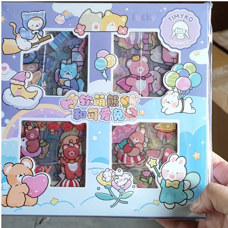 Lindo mascota de dibujos animados impermeable diario pegatinas caja de regalo traje 100 diario pegatinas niños chica pegatinas al por mayor