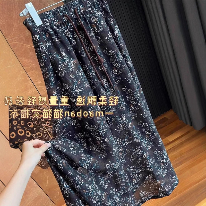 Shenzhen Nanyou Accessible Luxury Classy Quality Goods ~ Elegant Printed Ramie Hem with Side Slits on Both Sides A-Line Skirt for Women