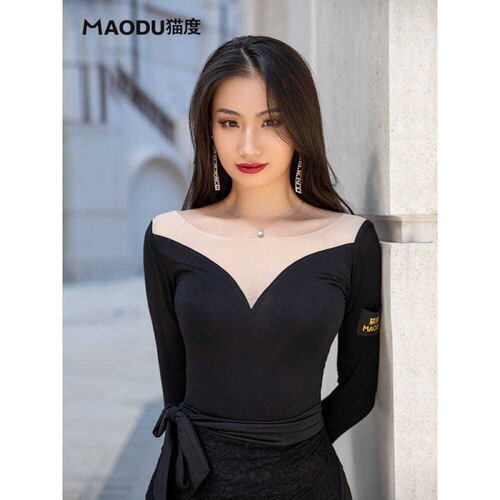 Cha Cha Latin dance top long-sleeved V-neck female adult new practice clothes dance training clothes dance mesh splicing