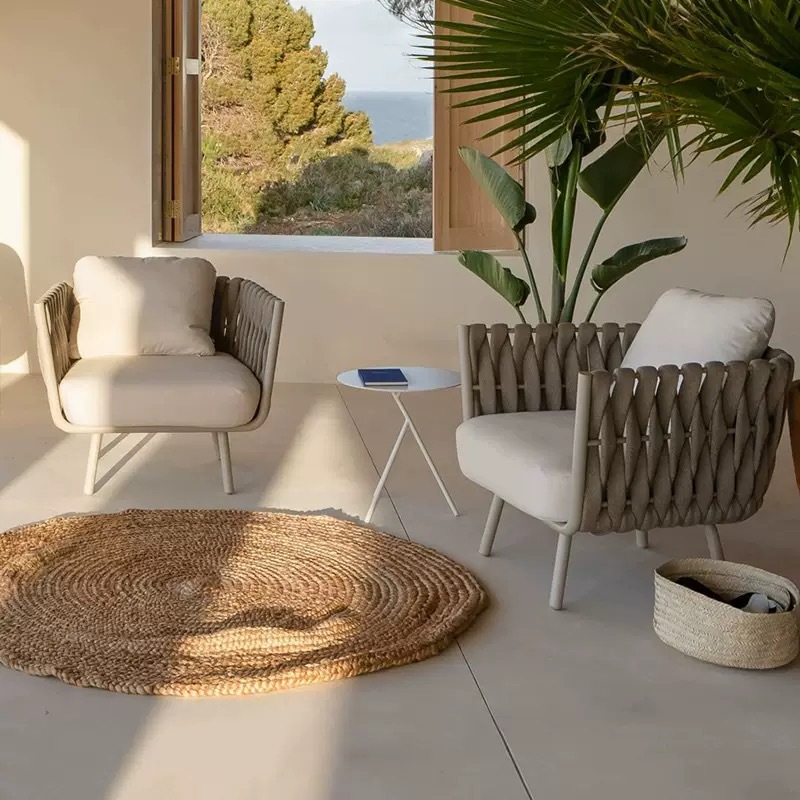 Sofá nórdico al aire libre de caña mesa y silla mesa de comedor al aire libre patio de ocio terraza de aleación de aluminio mesa y silla combinación