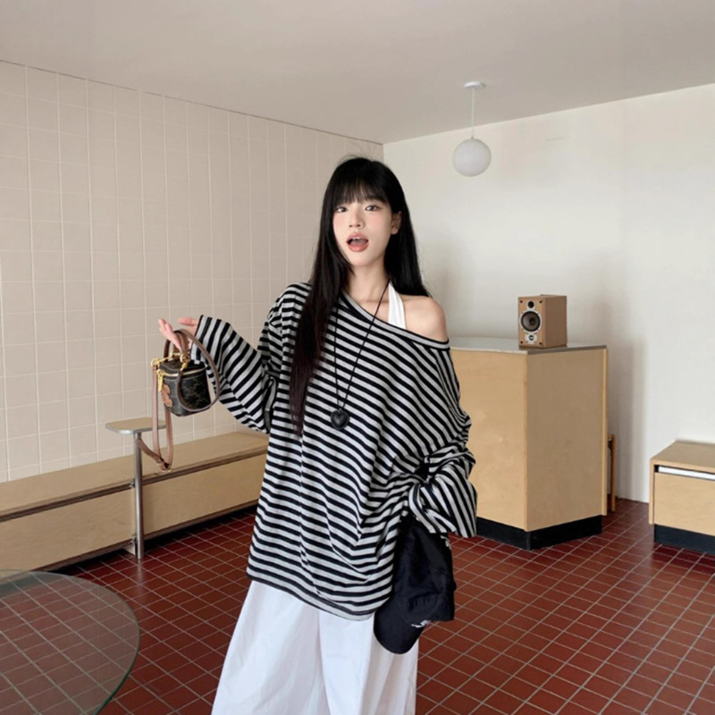 休闲套装条纹露肩T恤上衣女装内搭挂脖背心早秋直筒阔腿裤三件套|undefined
