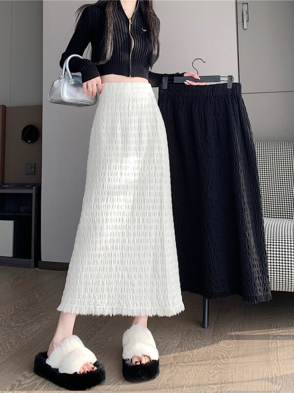 秋の新韓国スタイルプリーツドレープハイウエスト多用途ファッショナブルなストレートローエッジAラインスカート女性用|undefined