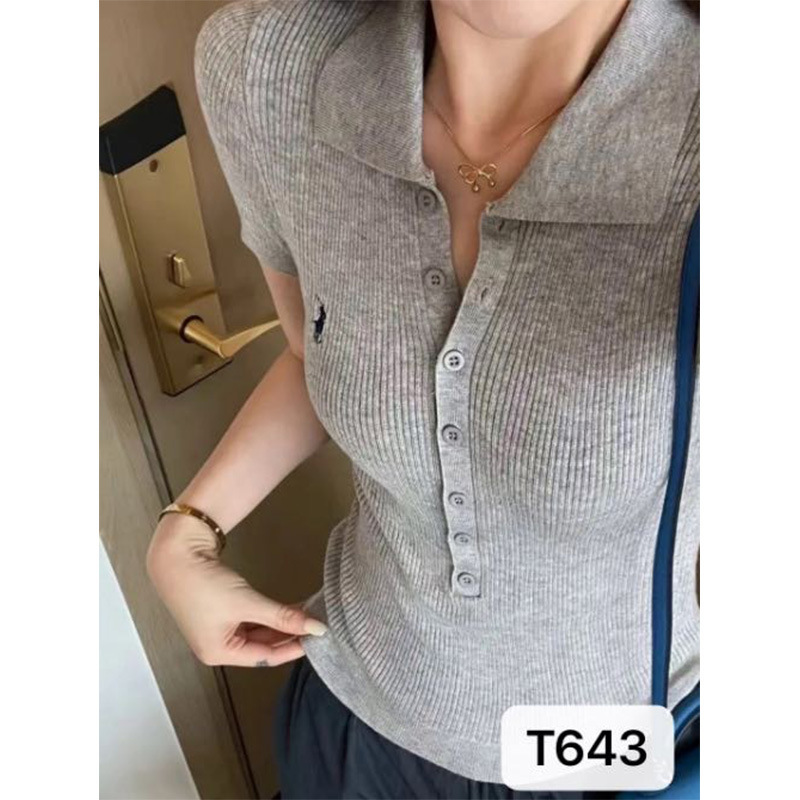 Young and Sweet Girl's Knitted Polo Shirt Short-Sleeved T-Shirt with Breathable Elasticity and High-End Design