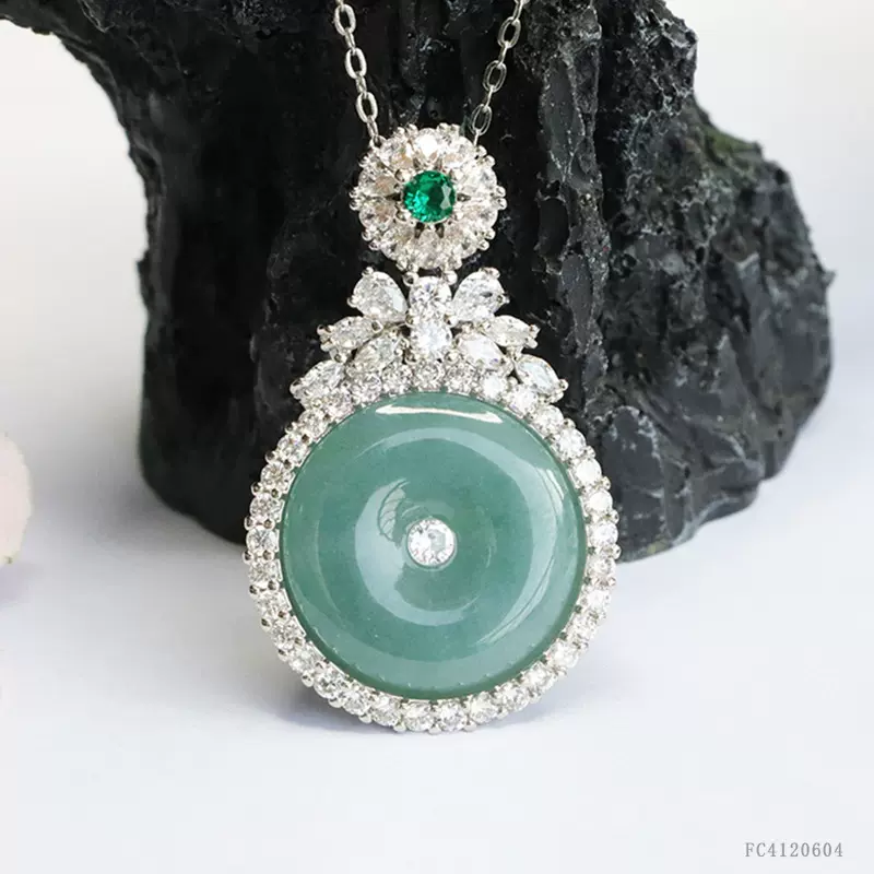 眷钰 天然A货翡翠吊坠蓝水平安扣项链玉石直播批发代发FC4120604