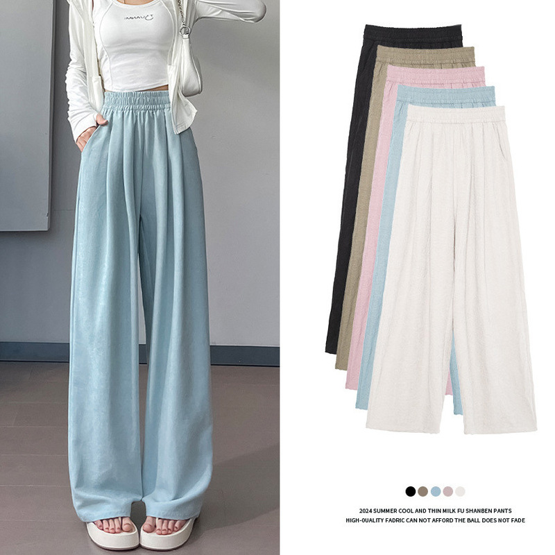 Yamamoto-Style Women's Summer Thin Pants with a Draping Feel, Loose and Casual, Suitable for Petite Figures, Elastic Waist, Ice Silk Wide-Leg Pants