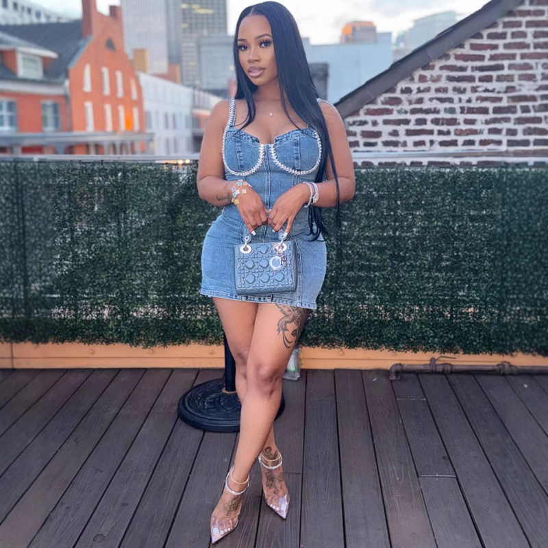 European and American Women's Denim Slip Skirt Amazon Cross-border Women's Summer New Fashion Sexy Bright Diamond Dress
