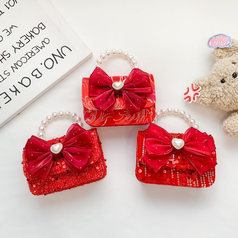 Bolsas de Año Nuevo para niños, dulces arcos, bolsas de perlas para bebés, lindas bolsas de hombro de cereza para niños y niñas