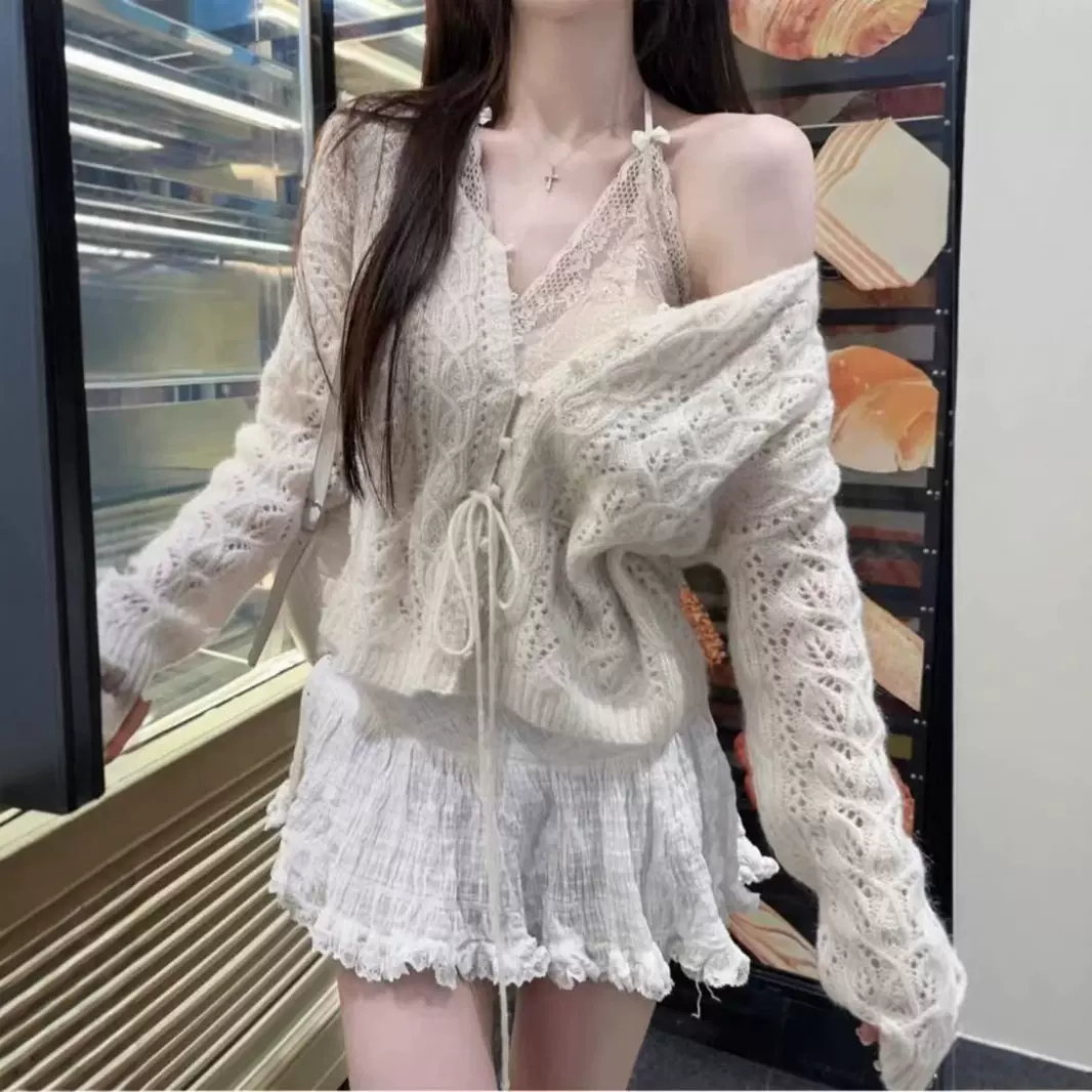 韩系温柔风软糯镂空钩花马海毛V领开衫女春装新款外搭针织衫上衣