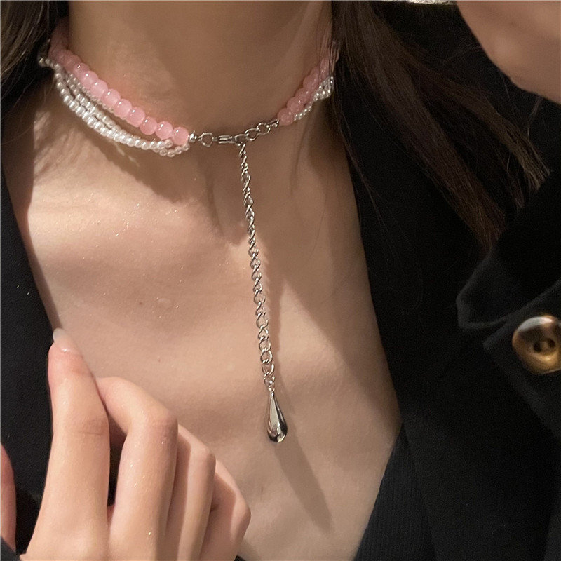 Pink Round Beads Pearl Double Layered Clavicle Chain Ins Wind Drop Pendant Necklace Necklace display picture 2