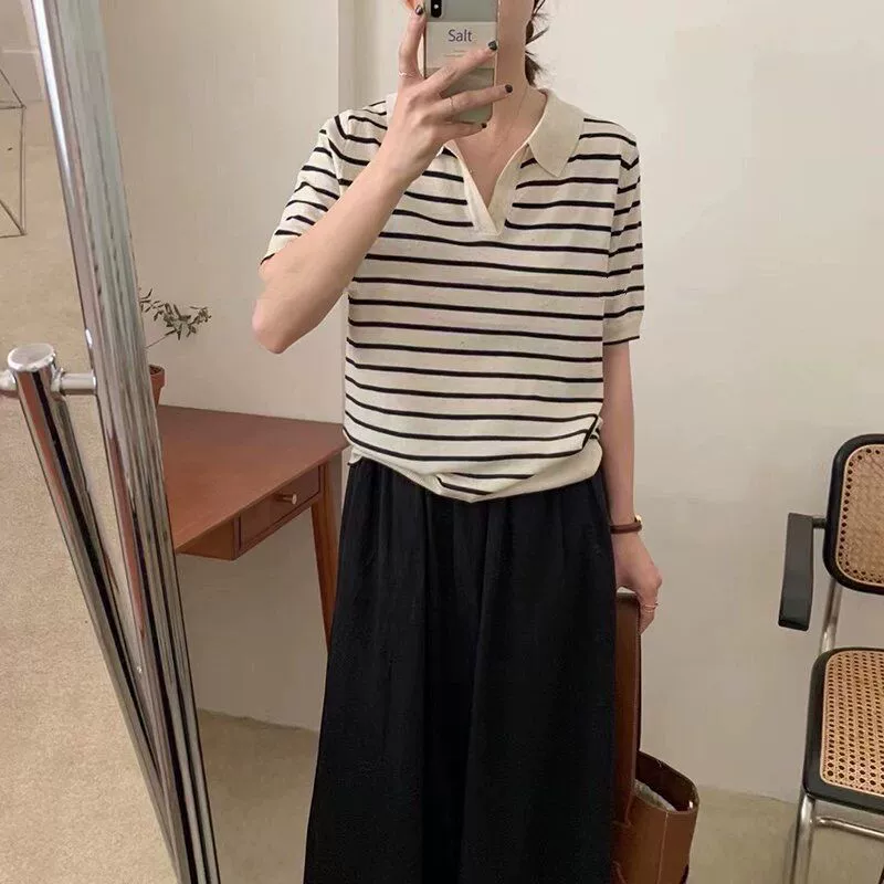 2021ins style Korean generation striped thin ice silk knitted short-sleeved lapel top