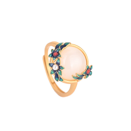 National trend cold enamel craft ancient gold imitation Hetian jade ring women's ancient Chinese style palace Hanfu cheongsam accessories