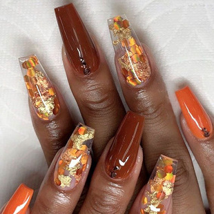 Cross-border European and American Autumn and Winter Maple Leaf Glitter Wear Armor Manicure Finished 24 Foreign Trade Fake Nails Removable
