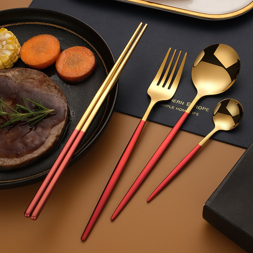 304 stainless steel cutlery, forks, spoons and chopsticks creative Portuguese Western tableware black gold glossy steak cutlery set wholesale