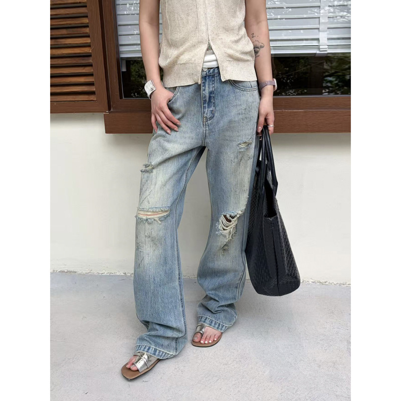Icciicc Summer Street Style Dirty-Dye Narrow-Fit Ripped Jeans Hip-Covering Slimming Straight-Leg Denim Pants for Women New Model 10959 Icciicc Summer Street Style Dirty-Dye Narrow-Fit Ripped Jeans Hip-Covering Slimming Straight-Leg Denim Pants for Women New Model 10959