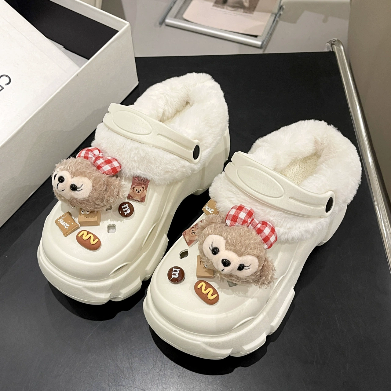 Fleece winter platform ankle clogs, plush‑lined slippers, high chunky sole, sizes 36–41