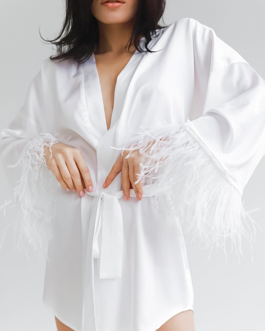 solid color feather long-sleeved faux silk bathrobe  NSMSY124424